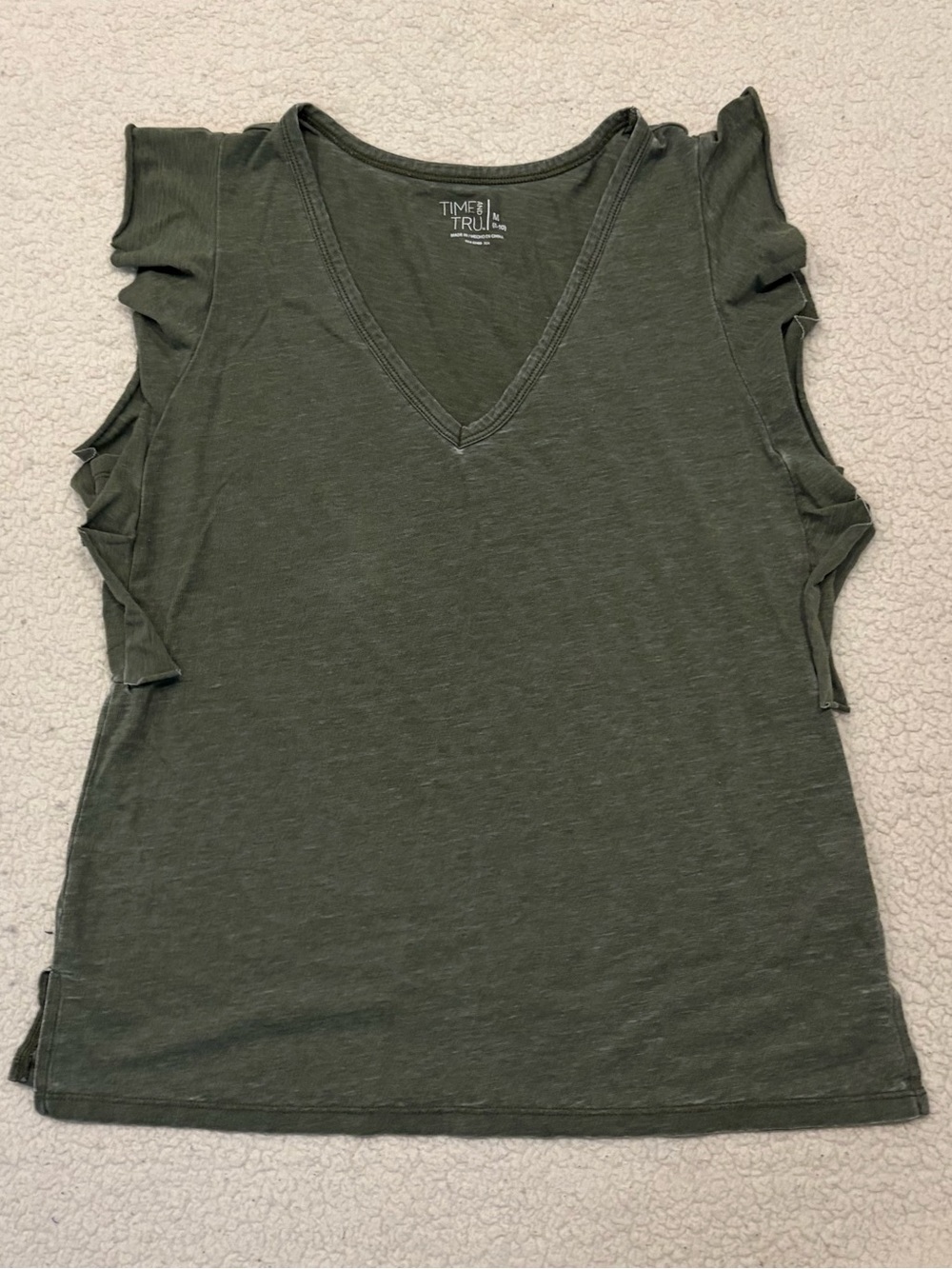 Time and Tru Olive Green V-Neck Ruffle Flutter Sleeve Top (Size M 8-10)